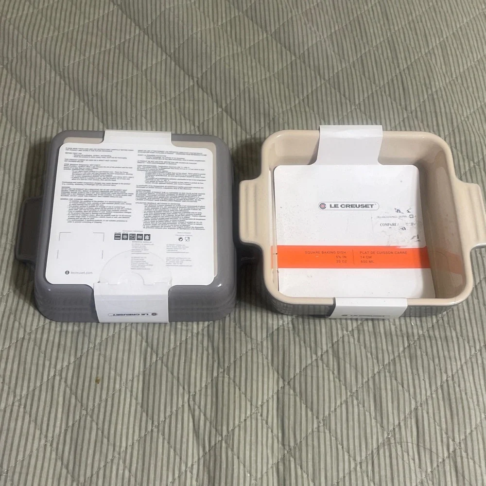 Brand New Le Creuset 5 1/2” square grey baking dish that holds 20oz each, 2 sets